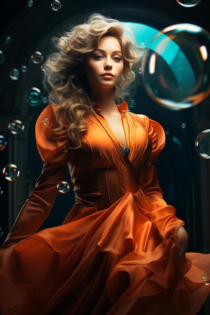 주황색 드레스를 입은 여성이 영화적 분위기의 거품 앞에서 포즈를 취하고 있습니다.