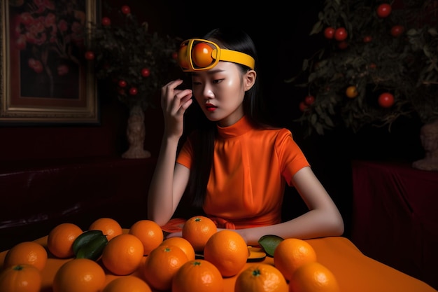 오렌지 드레스를 입은 한 여성이 오렌지가 놓인 테이블에 앉아 있습니다.