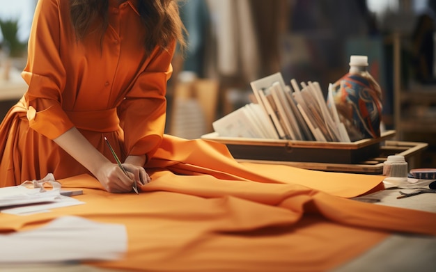 Woman in Orange Dress Sketching on Fabric Desk with Books Blue Vase with Plant