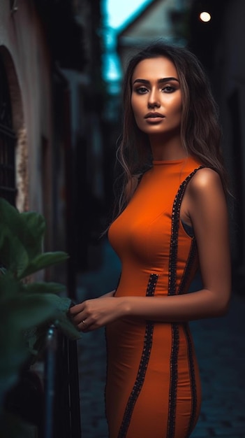 A woman in an orange dress stands in a dark alley.