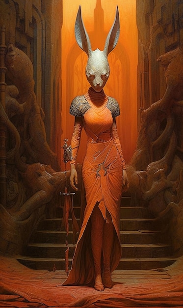 Женщина в оранжевом платье стоит перед золотой стеной.