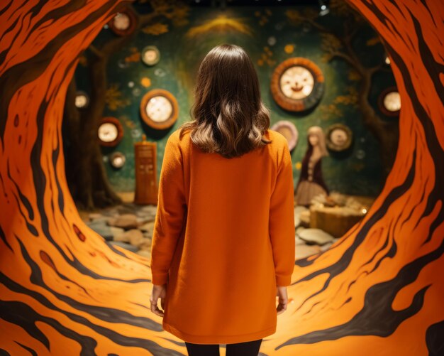 A woman in an orange dress stands in front of an orange tunnel