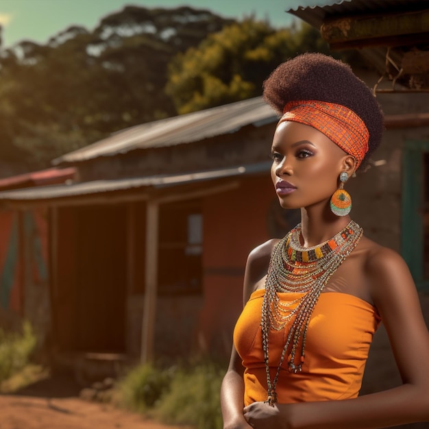 A woman in an orange dress stands in front of a shack.