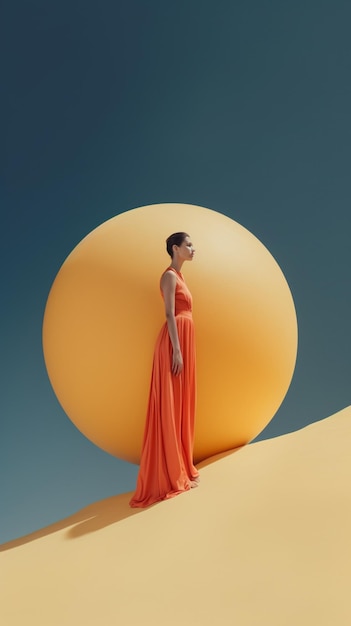 A woman in a orange dress stands in front of a yellow ball.