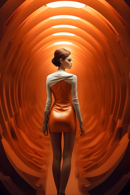 A woman in an orange dress stands in an orange tunnel.