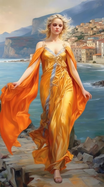 A woman in a orange dress with a city in the background