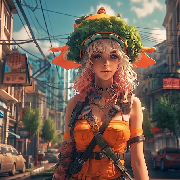 A woman in an orange dress with a dragon on her head is walking down the street.