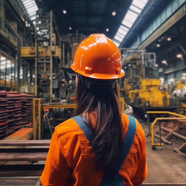 A woman in an orange hard hat stands in a warehouse with a lot of metal in the background.