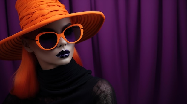 A woman in an orange hat on a purple curtains background Fashionable Halloween costume