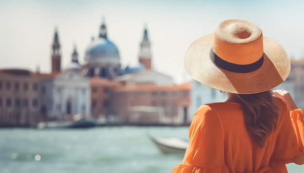 Foto donna con cappello arancione sotto il sole a venezia