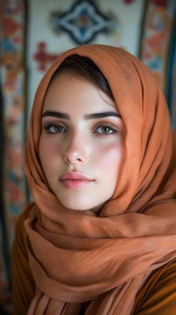 A woman in orange hijab looking at the camera