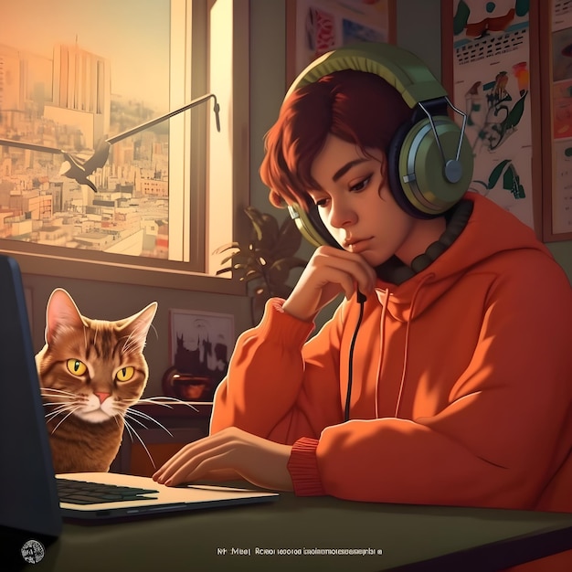 A woman in an orange hoodie with a cat in front of her.
