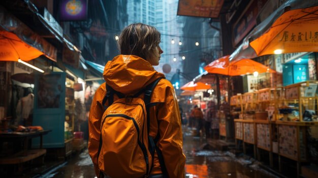 A woman in an orange jacket and backpack walking down a street ai