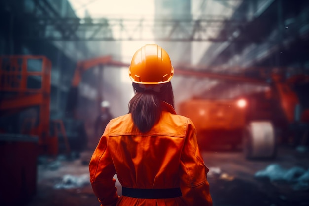 Woman in orange jacket and hard hat looking at construction site Generative AI