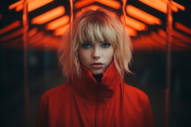 a woman in an orange jacket standing in front of neon lights