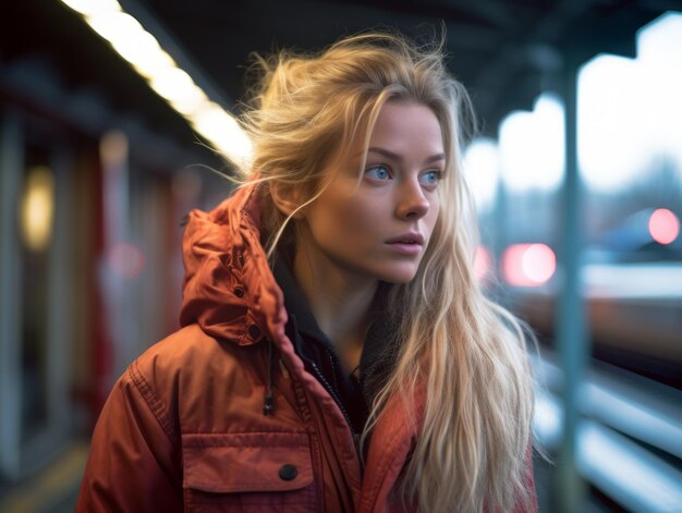 a woman in an orange jacket standing on a train platform