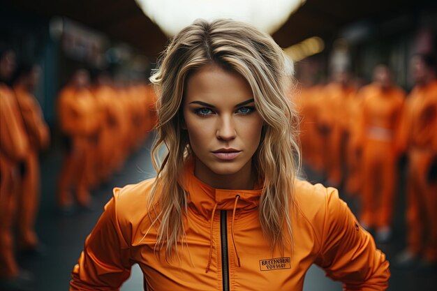 a woman in an orange jacket stands in front of a line of orange men