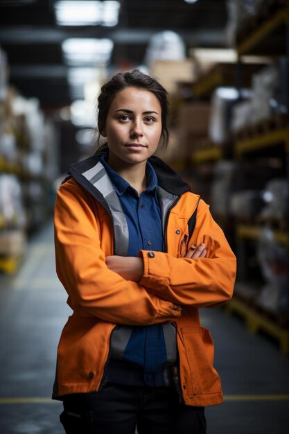 Photo a woman in an orange jacket stands in a warehouse with her arms crossed