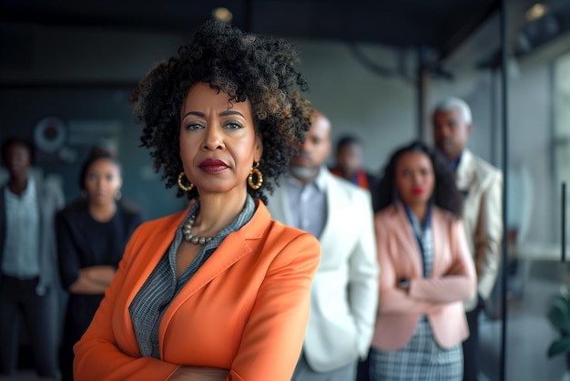 A woman in an orange jacket stands with her arms crossed in front of a group of people