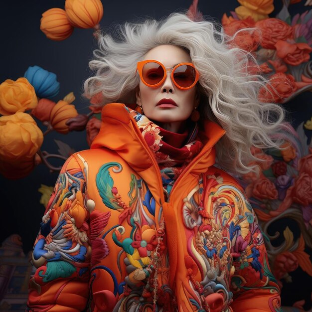 Woman in orange jacket with glasses in colorful surrealism