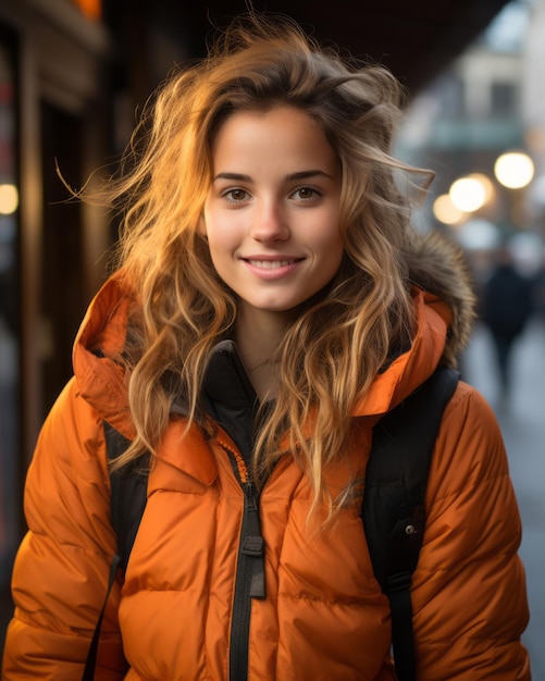 a woman in an orange jacket