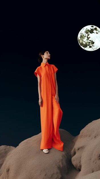 A woman in an orange jumpsuit stands in front of a moon.