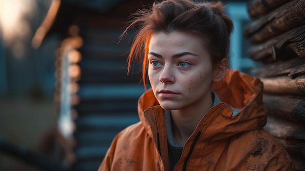 A woman in an orange jumpsuit stands in front of a wooden cabin.