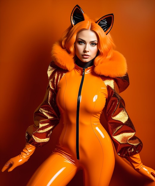 woman in orange latex fox suit Beauty fashion