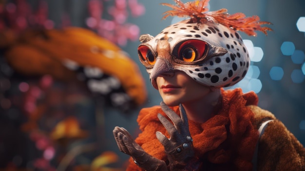 A woman in an orange mask with a leopard face on it