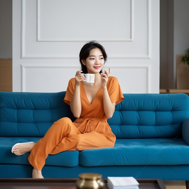 a woman in an orange outfit is sitting on a blue couch and drinking coffee.