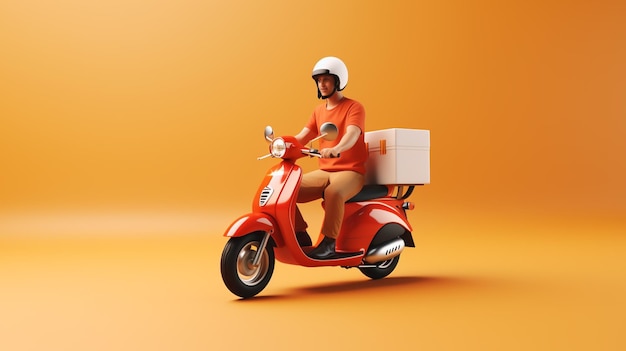 a woman in an orange outfit riding a scooter with a box on the front.