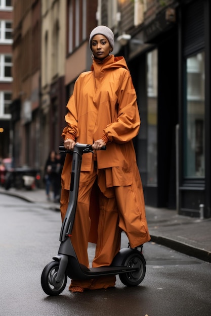 Photo a woman in an orange raincoat riding a scooter ai