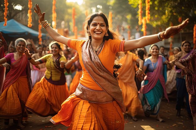 A woman in an orange sari dancing in front of a group of people