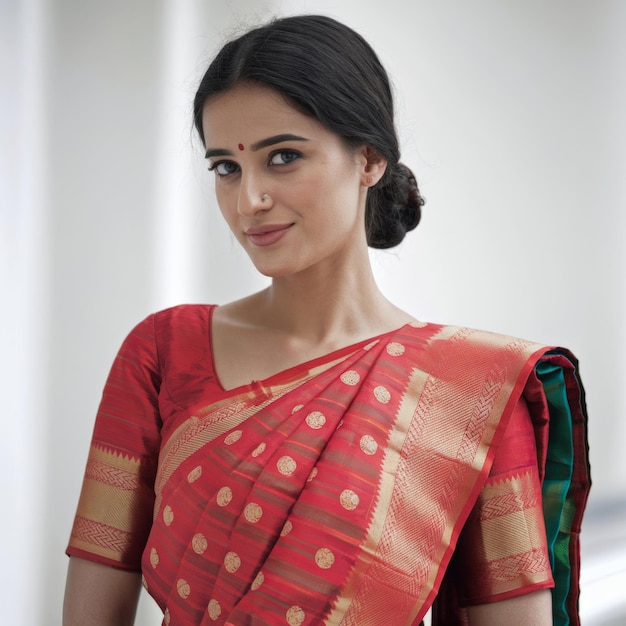 a woman in an orange sari with a green and gold pattern