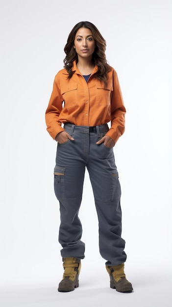 a woman in an orange shirt and gray pants