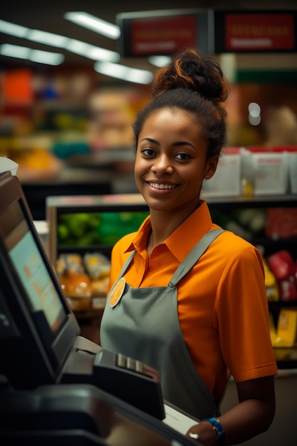 Woman in orange shirt is holding cash register machine Generative AI