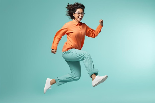 Photo a woman in an orange shirt is jumping in the air with her arms out to the side