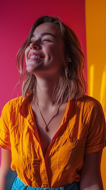 A woman in an orange shirt is smiling and looking up