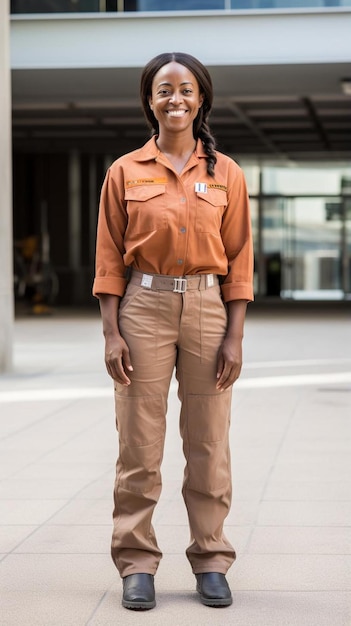 a woman in an orange shirt and khaki pants