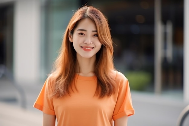 A woman in an orange shirt smiles at the camera.