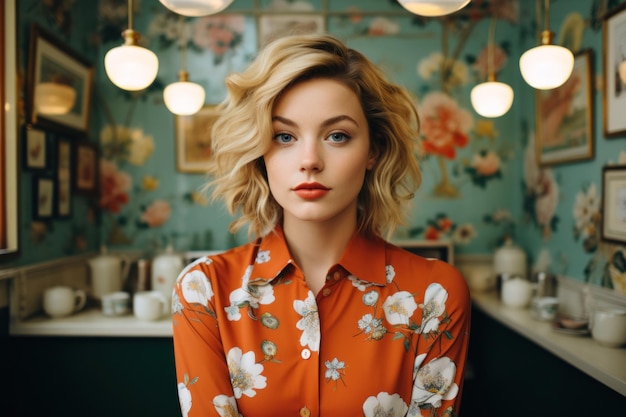 A Woman in an Orange Shirt Standing in a Kitchen