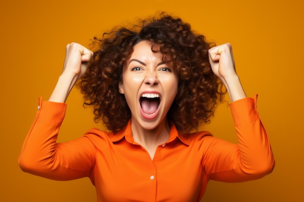 Photo woman in orange shirt with her hands on her head and fist in the air generative ai