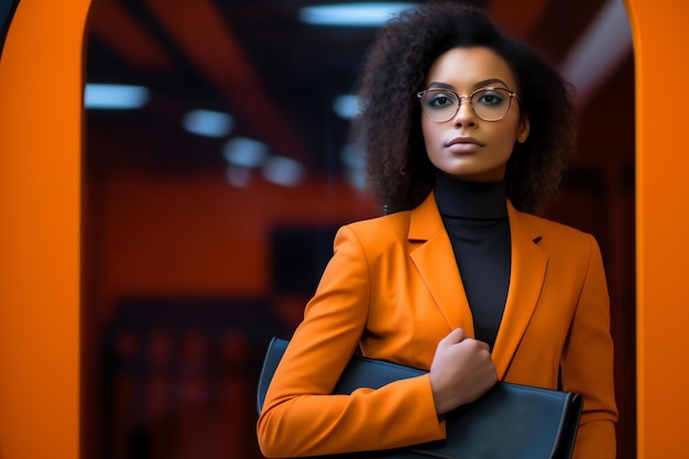 A woman in an orange suit stands in a dark room with a black turtleneck and a black turtleneck.