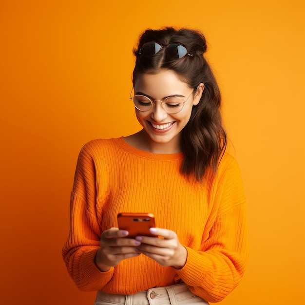 A woman in an orange sweater is looking at her cell phone