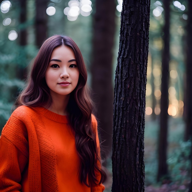 A woman in an orange sweater stands in a forest.