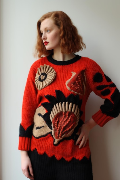 A woman in an orange sweater with flowers on it ai