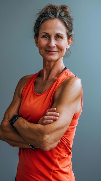 A woman in an orange tank top standing with her arms crossed