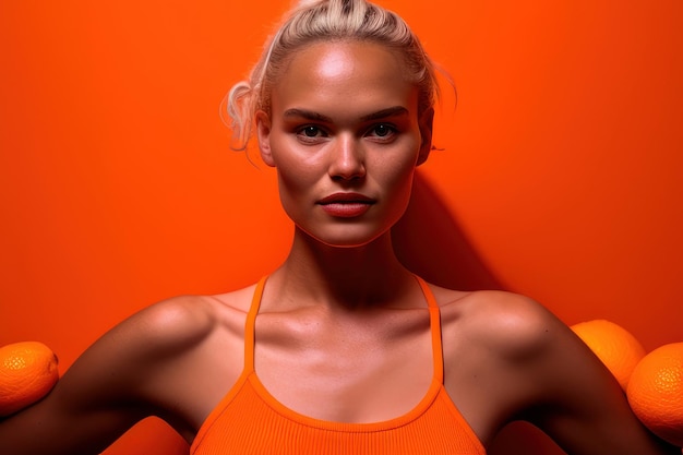 A woman in an orange tank top stands against a bright orange background.