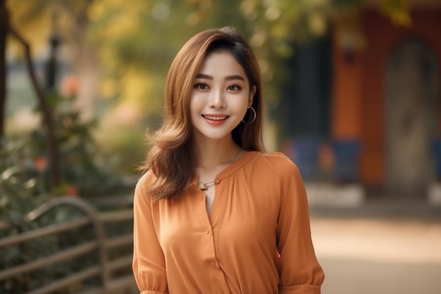 A woman in an orange top smiles at the camera.