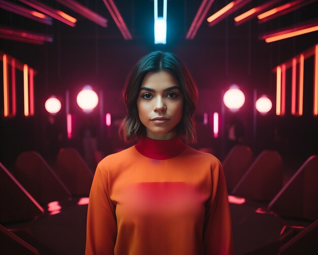 A woman in an orange top standing in front of neon lights